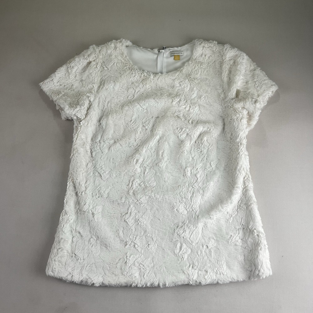 Leifsdottir Cream Faux Fur Short Sleeve Top Round Neck Back Zip Size M
